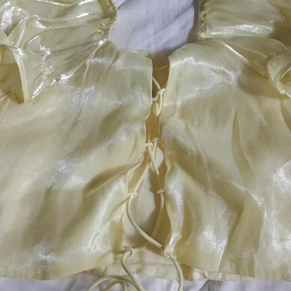 Mad For Love Corset Top Puff Sleeve Cream Lace Up Crop Top Butter Yellow  Size L - Picture 9 of 14